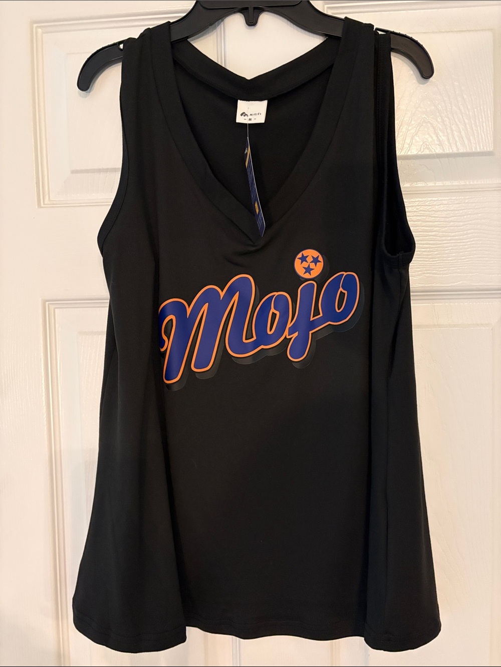 TRAVEL SOFTBALL Mojo Black Sleeveless V-Neck Tank with Blue & Orange Script